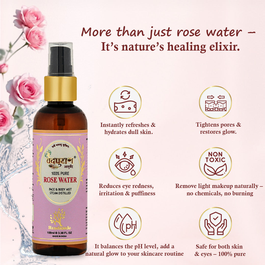 Vedpuran Ayurveda Pure Rose Water | 100% Natural Toner & Face Mist