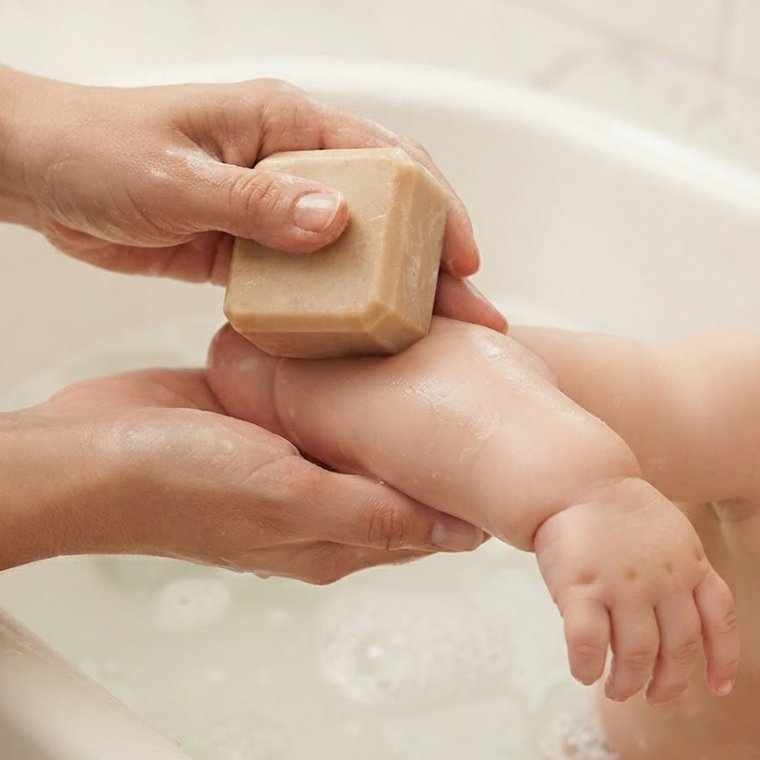 Close-up of a baby care soap designed to make bath time gentle and pleasant.